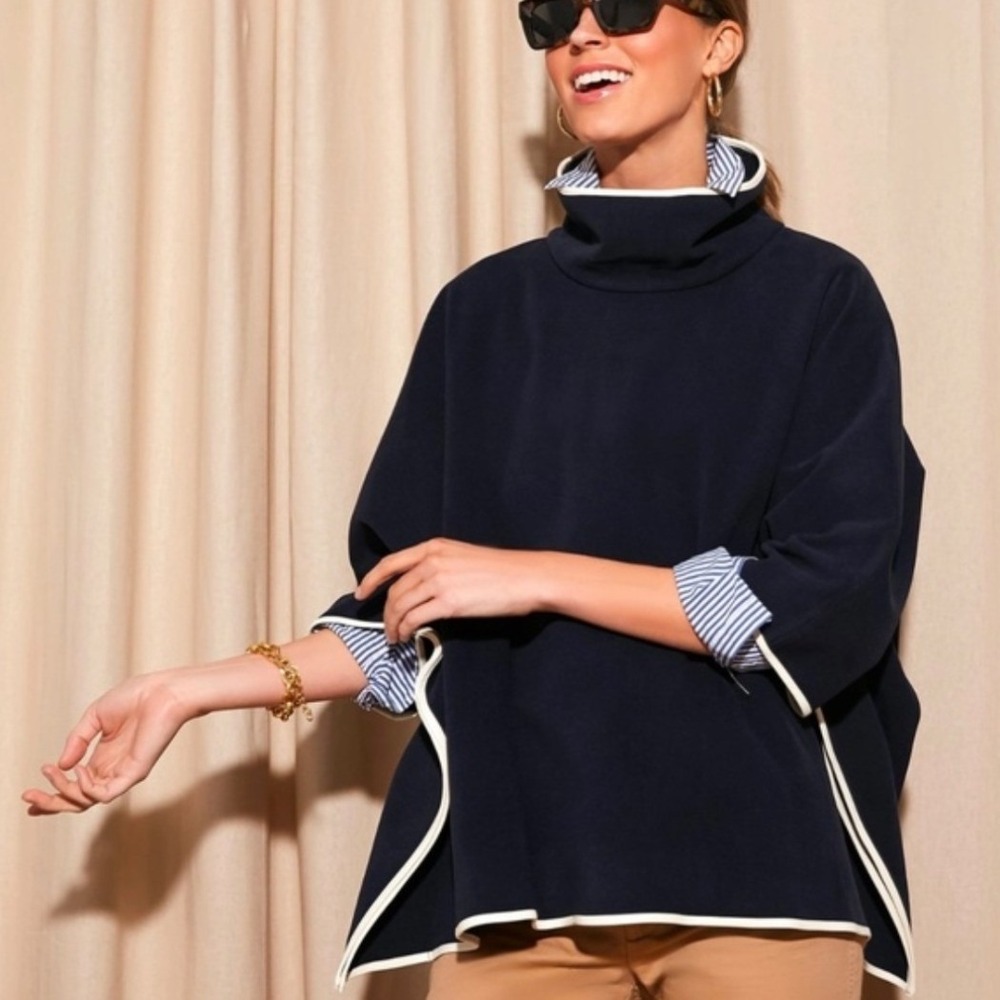 Tuckernuck Piper Poncho Mockneck Preppy Classic OS Womens Navy Blue - Picture 2 of 9